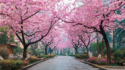 Naklejka premium Blossoming cherry trees create a stunning pink canopy over a peaceful walkway. Spring fills the air with color and beauty, inviting visitors to stroll among the flowers.