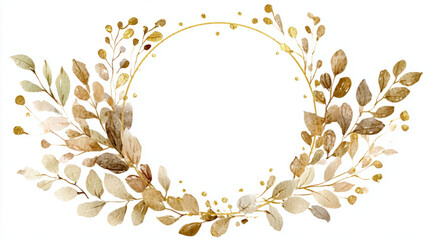 Watercolor foliage circle with soft shadows and golden accents, isolated white background
