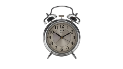 Alarm clock with reflective metallic surface isolated on pure white background in modern stylish design
