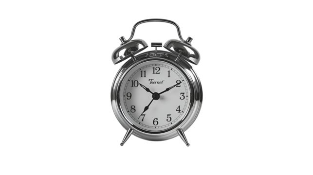 Alarm clock with reflective metallic surface isolated on pure white background in modern stylish design
