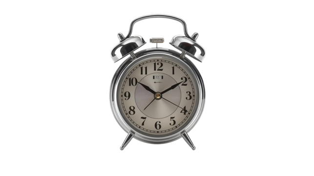 Alarm clock with reflective metallic surface isolated on pure white background in modern stylish design
