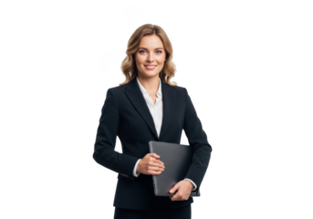 Professional businesswoman holding laptop computer smiling portrait stock photo image isolated on transparent background