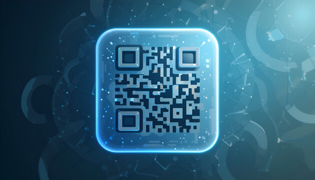 A glowing blue qr code is depicted against a dark, abstract background with digital particles and bokeh effects, symbolizing futuristic technology - Powered by Adobe