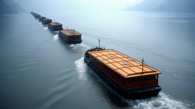Ancient Boat Fleet Quietly Sailing on a Misty Lake