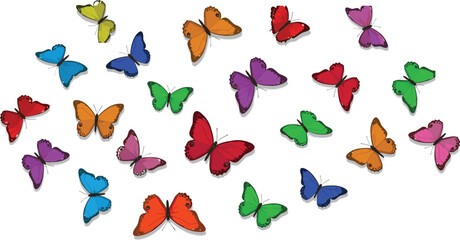 Colorful butterfly vector set featuring vibrant flying insects with detailed wings, perfect for spring themes, nature designs, and decoration.