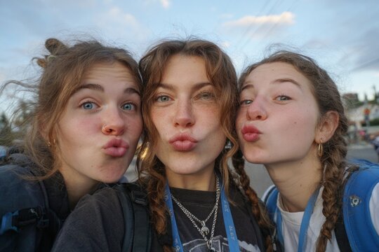 Three female friends are making pouty faces for a selfie while wearing backpacks during a summer trip