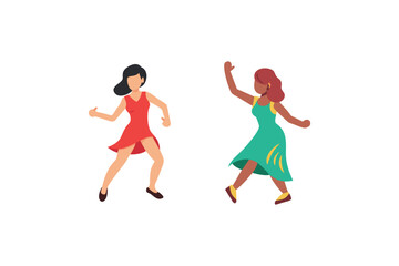 two women dancing joyfully in colorful dresses silhouette