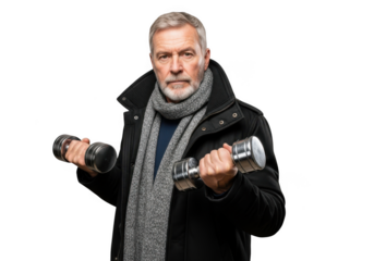 Senior man exercising with dumbbells, fitness training, strength workout, active lifestyle, older adult gym goer, isolated on transparent background