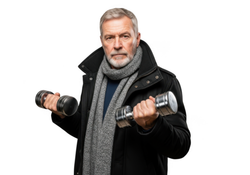 Senior man exercising with dumbbells, fitness training, strength workout, active lifestyle, older adult gym goer, isolated on transparent background - Powered by Adobe
