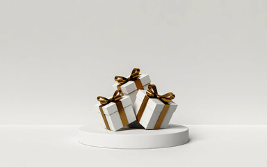 A trio of white gift boxes adorned with elegant golden ribbons and bows on a white circular stand