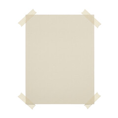 A blank beige paper sheet is taped to a surface with four pieces of tape isolated on transparent background