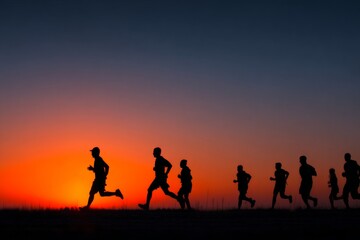 Group of athletes running outdoors at sunset, enjoying their training session