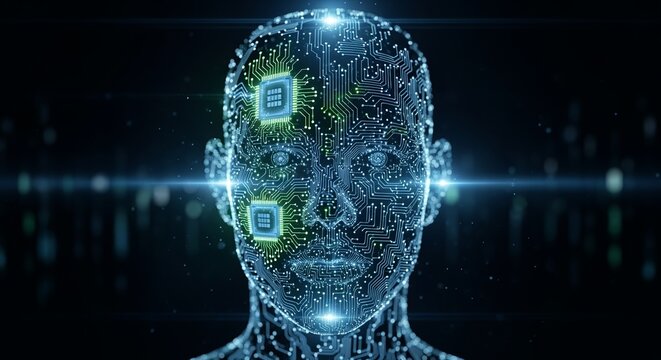 AI Neural Network: A visual representation of an artificial intelligence neural network, depicted as a human-like form with intricate circuitry patterns overlaying its face.