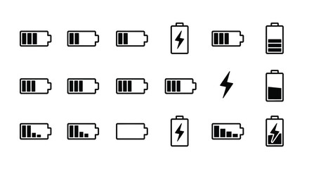 Collection of battery charge level icons showing different power statuses and energy symbols vector