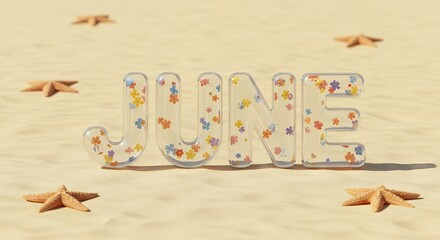 A 3D rendering of the word June on a sandy beach backdrop. The transparent letters filled with colorful flowers and surrounded by starfish celebrate the summer season