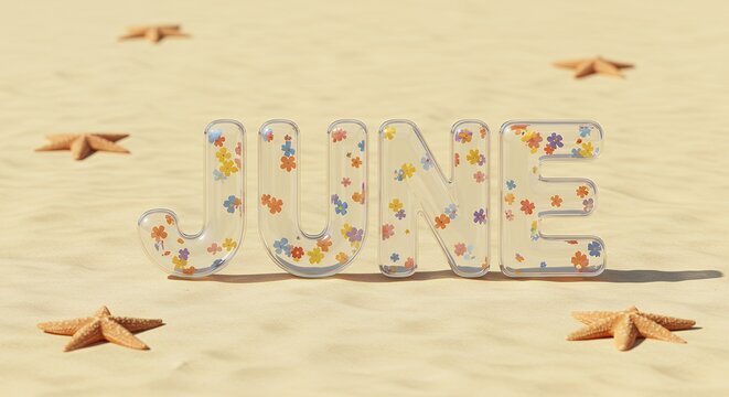 A 3D rendering of the word June on a sandy beach backdrop. The transparent letters filled with colorful flowers and surrounded by starfish celebrate the summer season
