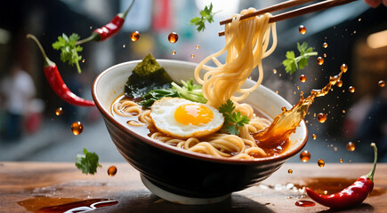 Flying Ramen Noodles and Egg