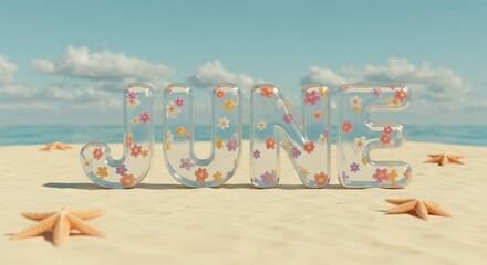 Creative 3D illustration of the word 'June' made of glass and flowers, sitting on a serene beach scene for a summer greeting
