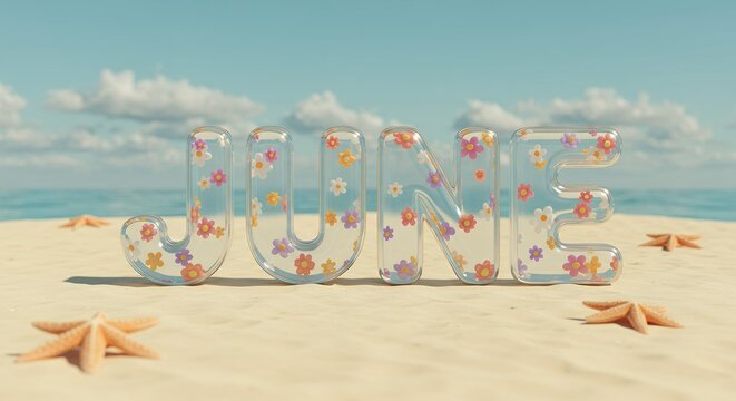 Creative 3D illustration of the word 'June' made of glass and flowers, sitting on a serene beach scene for a summer greeting