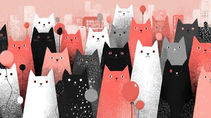 Whimsical cat characters in monochrome and pink celebrate with balloons at a city-themed minimalist party, suitable for urban events or playful marketing
