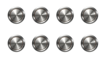 Metallic button set glossy reflections isolated on pure white background in modern stylish design
