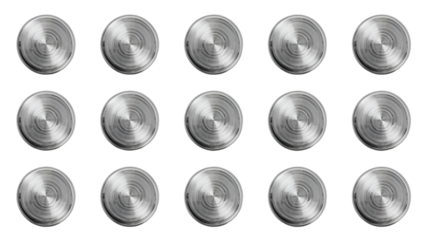 Metallic button set glossy reflections isolated on pure white background in modern stylish design
