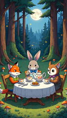 Naklejka premium Under the soft glow of a full moon, a delightful tea party unfolds in the forest, with a rabbit, fox, and deer enjoying treats around a table, surrounded by mushrooms and towering trees, creating a ma
