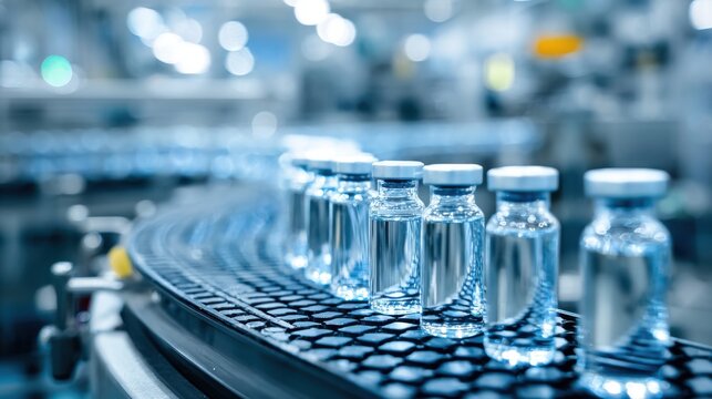 Clear glass vials filled with liquid move along a conveyor belt in a busy manufacturing facility.