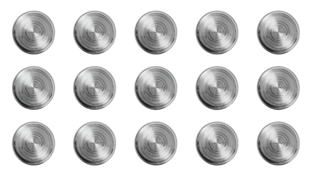 Metallic button set glossy reflections isolated on pure white background in modern stylish design
