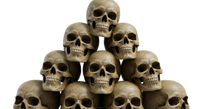 stacked pile of human skulls isolated on white background
