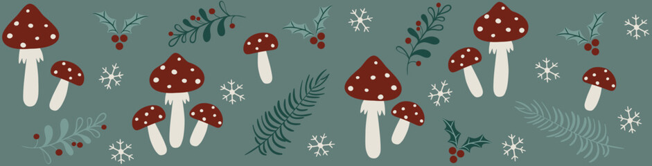 Botanical Christmas Horizontal Banner with Red Mushrooms, Winter Foliage and Snowflakes