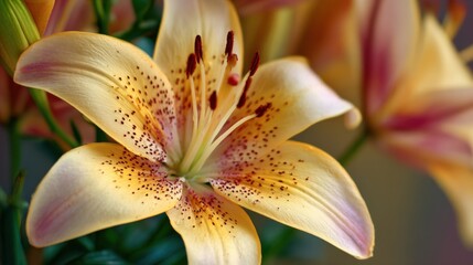 A stunning yellow lily showcases its intricate petals and rich speckles in a garden setting during spring. Sunlight enhances its natural beauty and captivating colors.