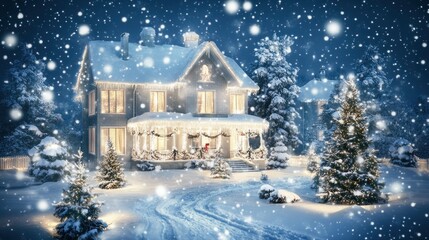 Snowy house with christmas lights at night