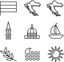 Naklejka premium Croatia National Symbols Outline Icons Set Flag, Map, Checkerboard, Cathedral, Sailboat, Olive Branch, Waves, and Cultural Heritage Vector Pack