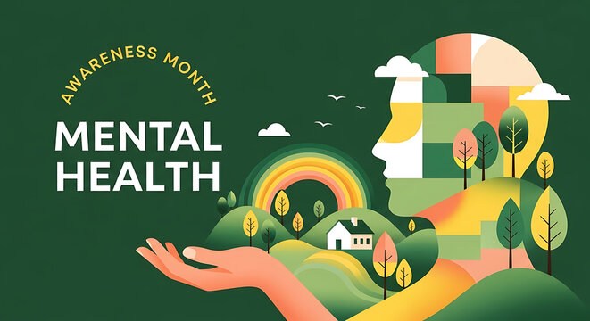 Mental Health Awareness Month Illustration with Serene Landscape and Human Profile Symbolizing Inner Peace