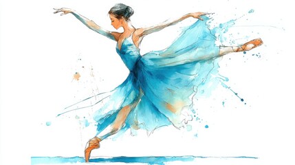 A skilled ballerina dances elegantly, embodying grace and strength. Dressed in a flowing blue dress, she performs a pirouette, surrounded by artistic color splashes.