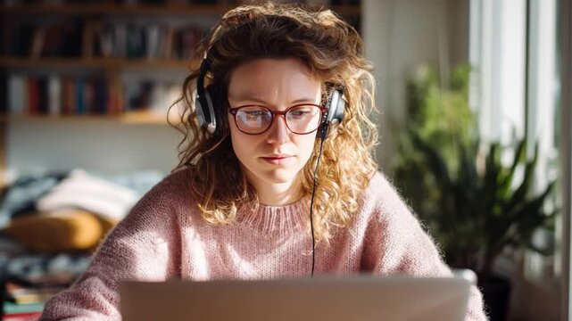 Focused Work: A woman engrossed in her work at a laptop, her expression a portrait of concentration. The headphones on her head suggesting a deeper focus on her tasks.