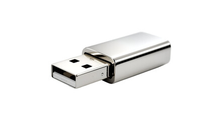 Metallic USB flash drive with reflective casing isolated on pure white background in modern design
