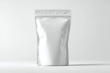 Front view mockup of a plain white stand-up pouch packaging, isolated on white background, perfect for food, snack, coffee, or product branding presentation.Front view mockup of a plain white stand-up