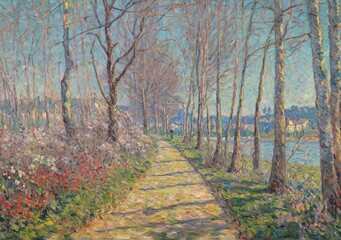 Fototapeta premium Serene Landscape Pathway Surrounded Blossoming Flowers Trees Water Reflection. Created from my own real photo