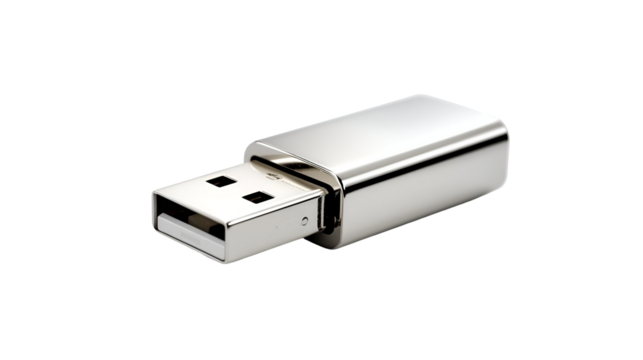 Metallic USB flash drive with reflective casing isolated on pure white background in modern design
