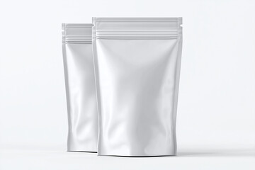 Front view mockup of a plain white stand-up pouch packaging, isolated on white background, perfect for food, snack, coffee, or product branding presentation.Front view mockup of a plain white stand-up