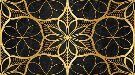 Gold geometric floral pattern on black marble texture 3
