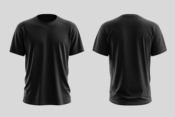 Mockup of a plain black short sleeve t-shirt front and back view, isolated on white studio background, perfect for apparel design and fashion showcase