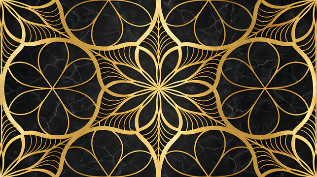 Gold geometric floral pattern on black marble texture 3 - Powered by Adobe