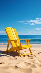 Yellow beach chair on sandy shore