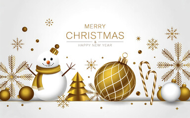Greeting design with golden Merry Christmas text snowman tree ornaments candy canes snowflakes