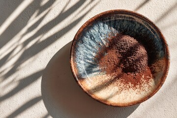 Cocoa powder in ceramic bowl with artistic shadows evokes rustic kitchen, food styling, and natural ingredient themes for culinary marketing