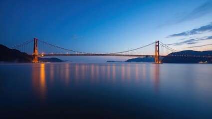 Naklejka premium Puente colgante con delgados cables y majestuosos pilares que brillan suavemente bajo un cielo crepuscular con tonos azules y morados