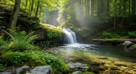 Serene Waterfall in Lush Green Forest.